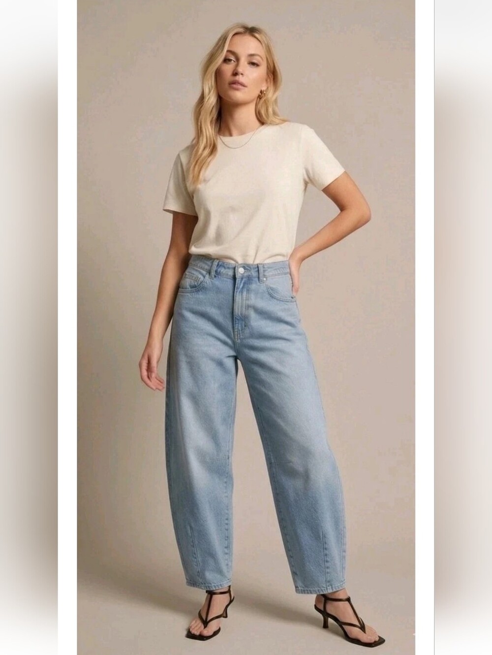 Zara Women's Wide Leg Barrel Jeans Light Blue Denim High Rise Pocket! Size 8